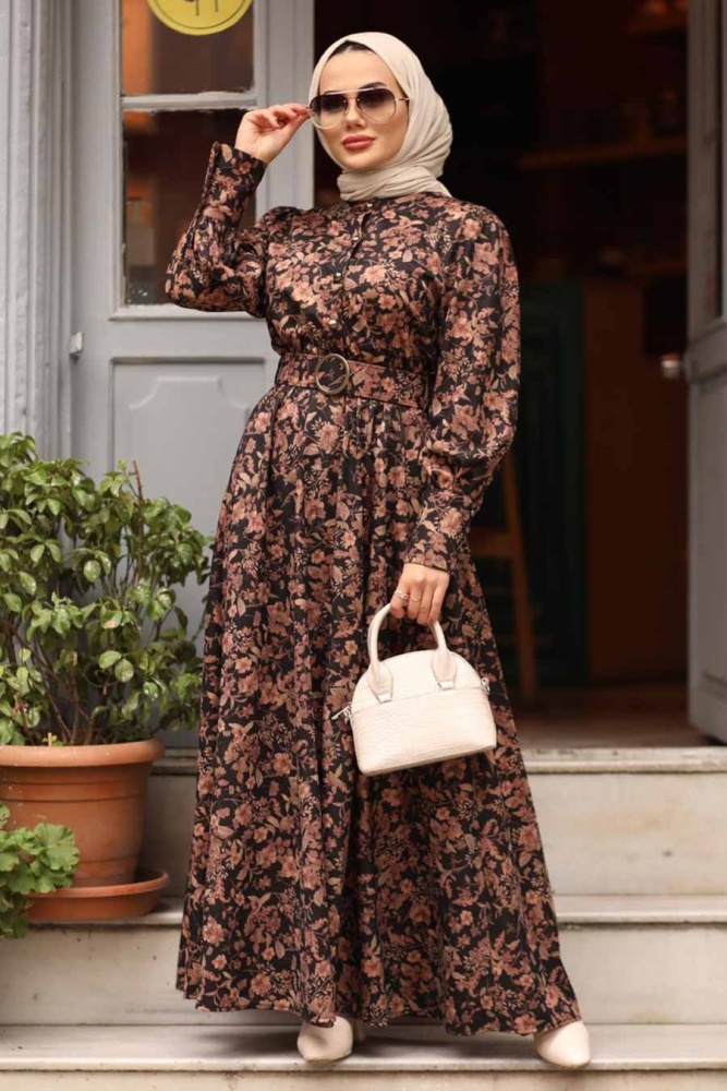 Neva Style - Çiçek Desenli Gül Kurusu Tesettür Elbise 44671GK - 7