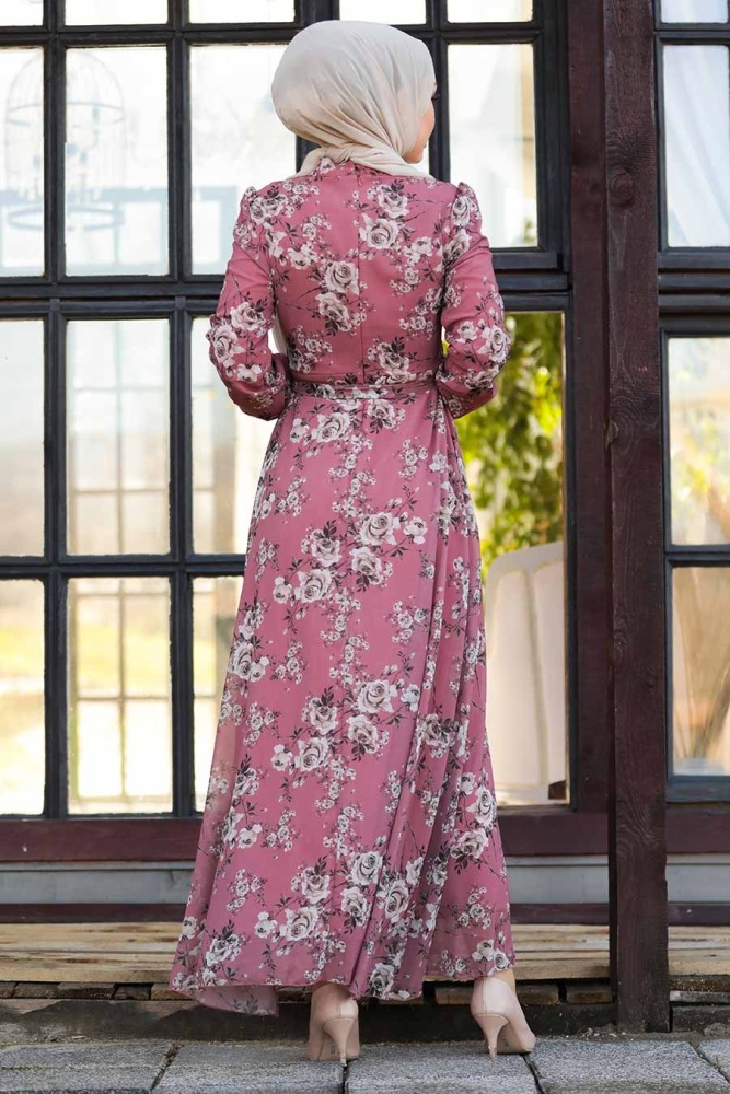  Çiçek Desenli Gül Kurusu Tesettür Elbise 81390GK - 2
