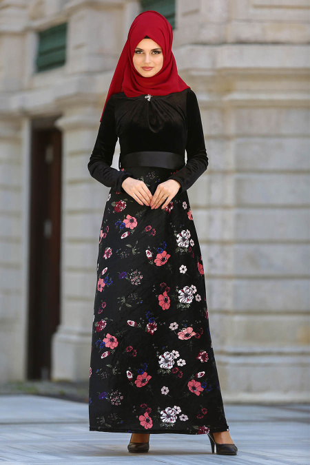 Neva Style - Çiçek Desenli Gül Kurusu Tesettür Kadife Elbise 7855GK