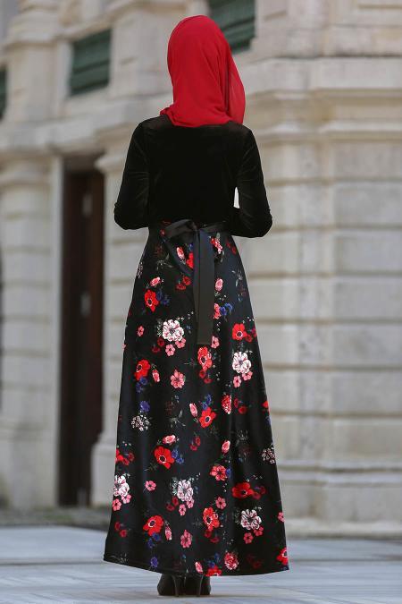 Neva Style - Çiçek Desenli Gül Kurusu Tesettür Kadife Elbise 7855GK - 2
