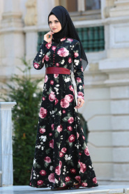 Neva Style - Çiçek Desenli Gül Kurusu Tesettür Kadife Elbise 7857GK - Thumbnail