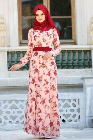 Neva Style - Çiçek Desenli Somon Şifon Tesettür Elbise 76932SMN - 1