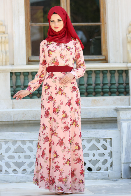 Neva Style - Çiçek Desenli Somon Şifon Tesettür Elbise 76932SMN