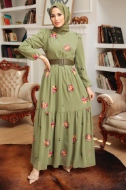 Neva Style - Çiçek Desenli Haki Tesettür Elbise 12040HK - Thumbnail