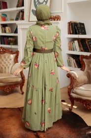 Neva Style - Çiçek Desenli Haki Tesettür Elbise 12040HK - Thumbnail