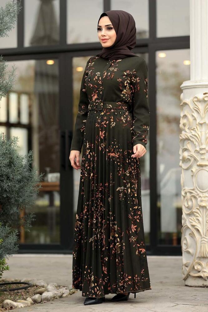 Neva Style - Çiçek Desenli Haki Tesettür Elbise 14532HK - 1
