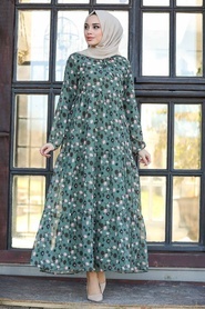 Neva Style - Çiçek Desenli Haki Tesettür Elbise 21351HK - Thumbnail
