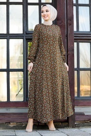 Neva Style - Çiçek Desenli Haki Tesettür Elbise 27612HK - Thumbnail