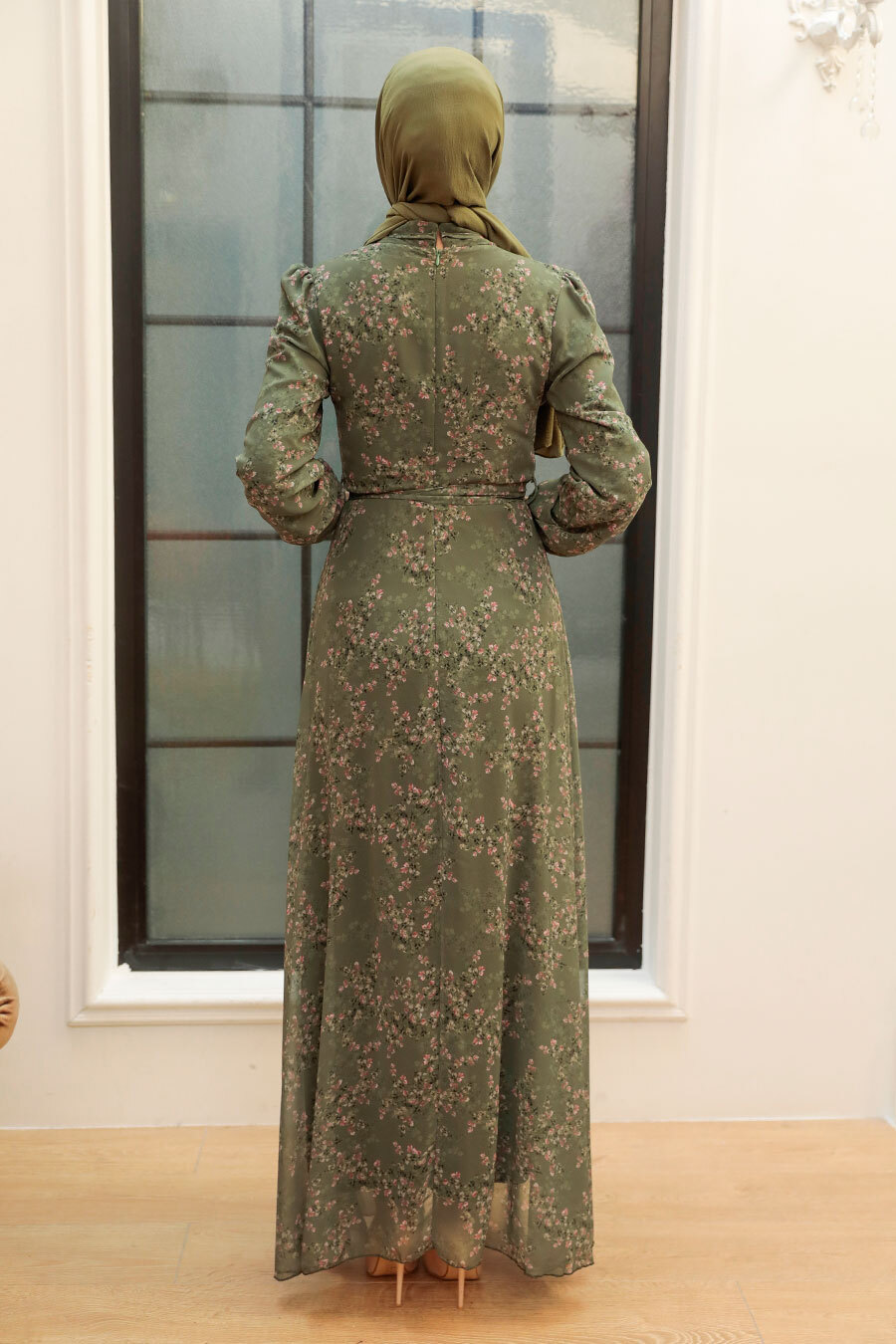 Neva Style -Çiçek Desenli Haki Tesettür Elbise 279011HK