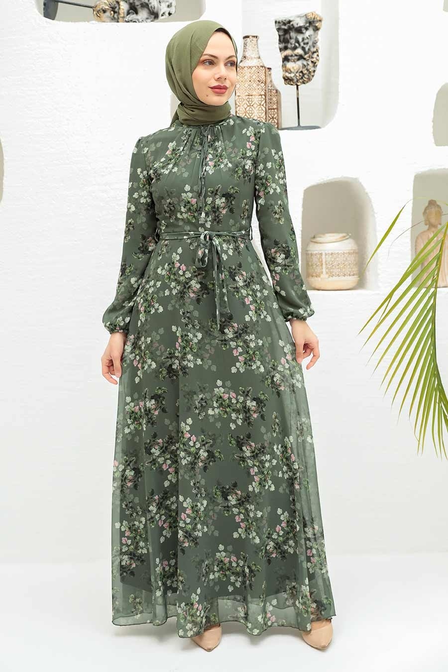 Neva Style - Çiçek Desenli Haki Tesettür Elbise 279061HK