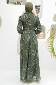 Neva Style - Çiçek Desenli Haki Tesettür Elbise 279061HK - Thumbnail