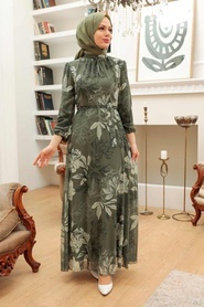 Neva Style - Çiçek Desenli Haki Tesettür Elbise 279062HK - Thumbnail
