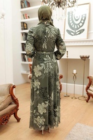 Neva Style - Çiçek Desenli Haki Tesettür Elbise 279062HK - Thumbnail
