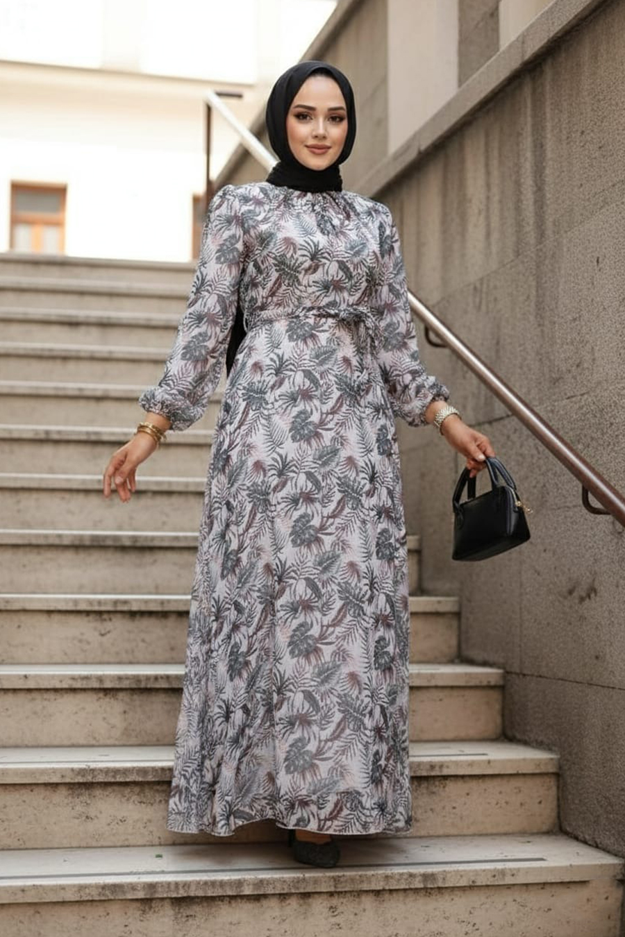  Çiçek Desenli Haki Tesettür Elbise 279077HK