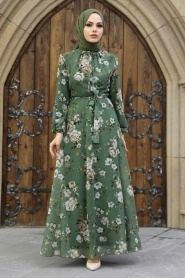 Neva Style - Çiçek Desenli Haki Tesettür Elbise 279080HK - Thumbnail