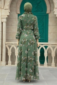 Neva Style - Çiçek Desenli Haki Tesettür Elbise 279080HK - Thumbnail