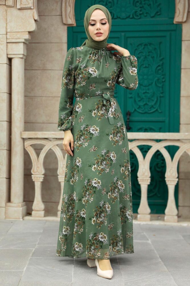 Neva Style - Çiçek Desenli Haki Tesettür Elbise 279082HK - 1