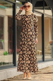 Neva Style - Çiçek Desenli Haki Tesettür Elbise 27915HK - Thumbnail
