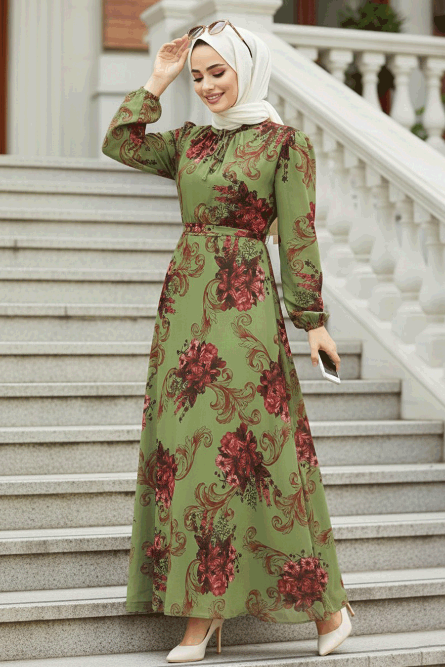  Çiçek Desenli Haki Tesettür Elbise 27921HK