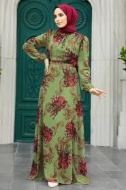 Neva Style - Çiçek Desenli Haki Tesettür Elbise 27921HK - Thumbnail