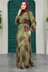 Neva Style - Çiçek Desenli Haki Tesettür Elbise 27921HK - Thumbnail