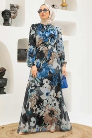 Neva Style - Çiçek Desenli İndigo Mavisi Tesettür Elbise 27925IM - Thumbnail