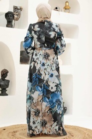 Neva Style - Çiçek Desenli İndigo Mavisi Tesettür Elbise 27925IM - Thumbnail