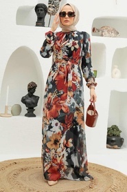 Neva Style - Çiçek Desenli Hardal Tesettür Elbise 27925HR - Thumbnail