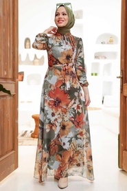 Neva Style - Çiçek Desenli Haki Tesettür Elbise 27925HK - Thumbnail