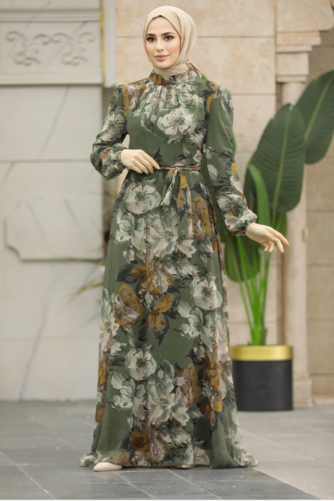  Çiçek Desenli Haki Tesettür Elbise 279318HK - 2