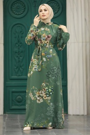 Neva Style - Çiçek Desenli Haki Tesettür Elbise 279319HK - Thumbnail