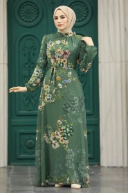 Neva Style - Çiçek Desenli Haki Tesettür Elbise 279319HK - Thumbnail
