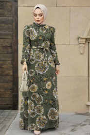 Neva Style - Çiçek Desenli Haki Tesettür Elbise 279320HK - Thumbnail