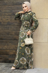 Neva Style - Çiçek Desenli Haki Tesettür Elbise 279320HK - Thumbnail