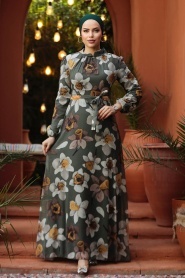 Neva Style - Çiçek Desenli Haki Tesettür Elbise 279325HK - Thumbnail