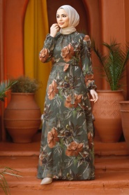 Neva Style - Çiçek Desenli Haki Tesettür Elbise 27932HK - Thumbnail