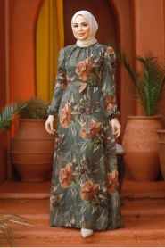 Neva Style - Çiçek Desenli Haki Tesettür Elbise 27932HK - Thumbnail