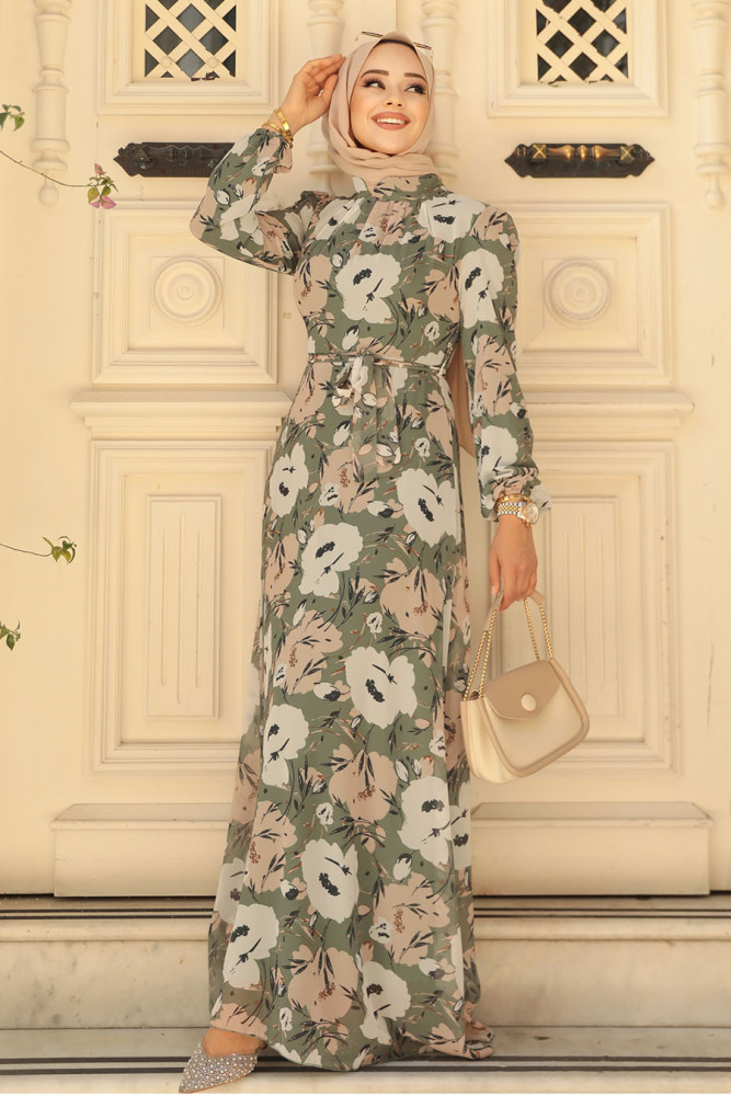 Neva Style - Çiçek Desenli Haki Tesettür Elbise 27939HK - 1