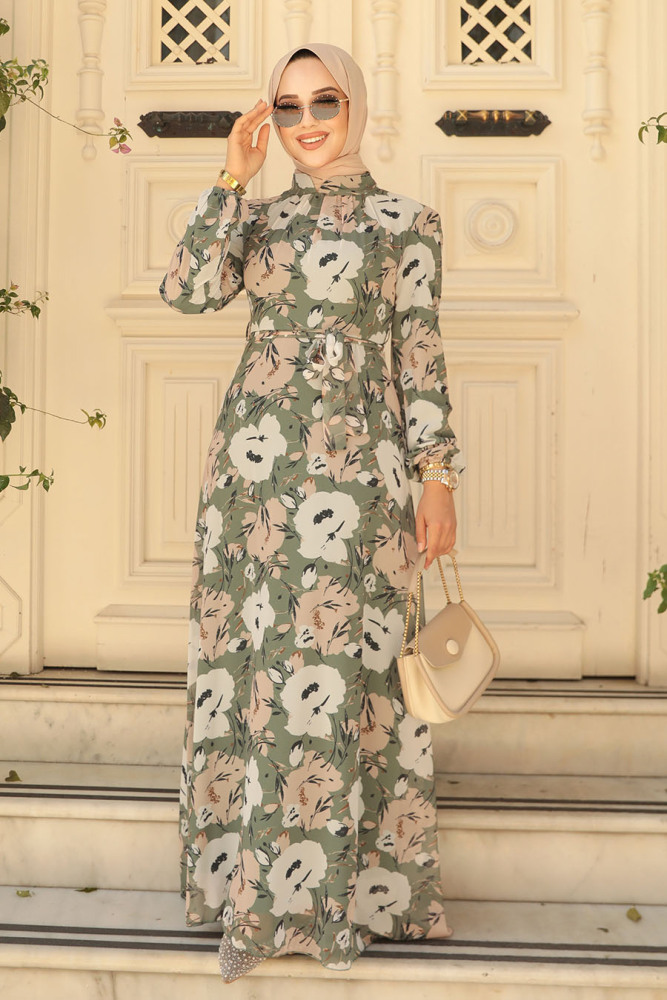 Neva Style - Çiçek Desenli Haki Tesettür Elbise 27939HK - 2