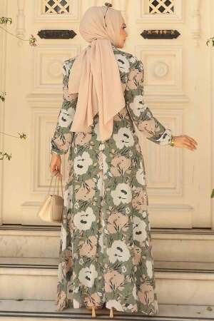 Neva Style - Çiçek Desenli Haki Tesettür Elbise 27939HK - 4