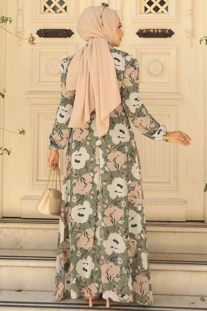 Neva Style - Çiçek Desenli Haki Tesettür Elbise 27939HK - 4