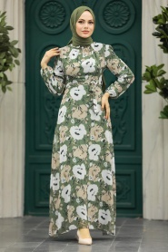 Neva Style - Çiçek Desenli Haki Tesettür Elbise 27939HK - Thumbnail