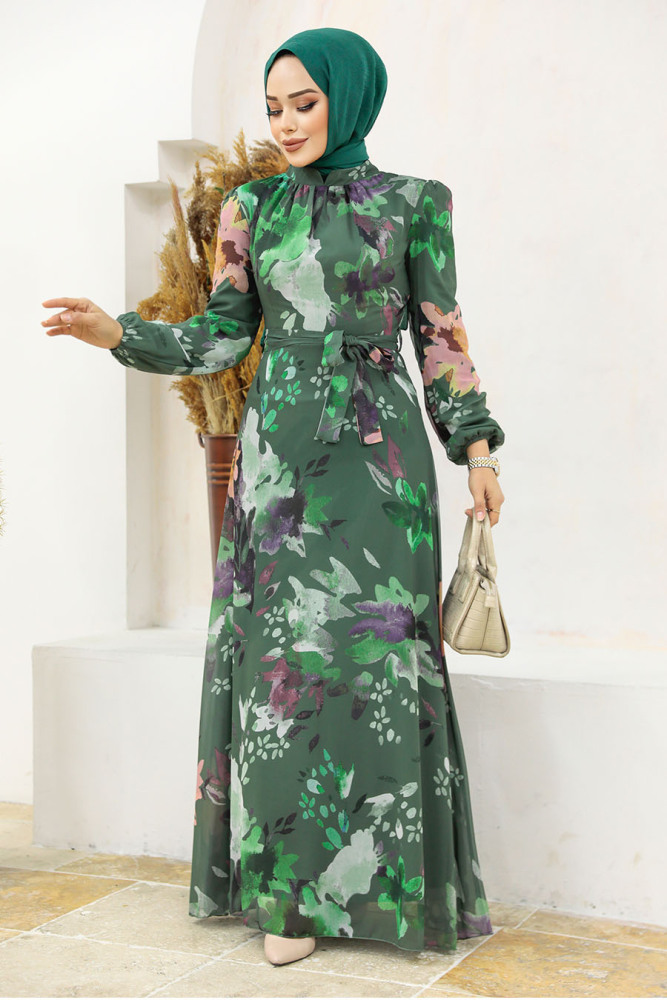 Neva Style - Çiçek Desenli Haki Tesettür Elbise 27942HK - 1