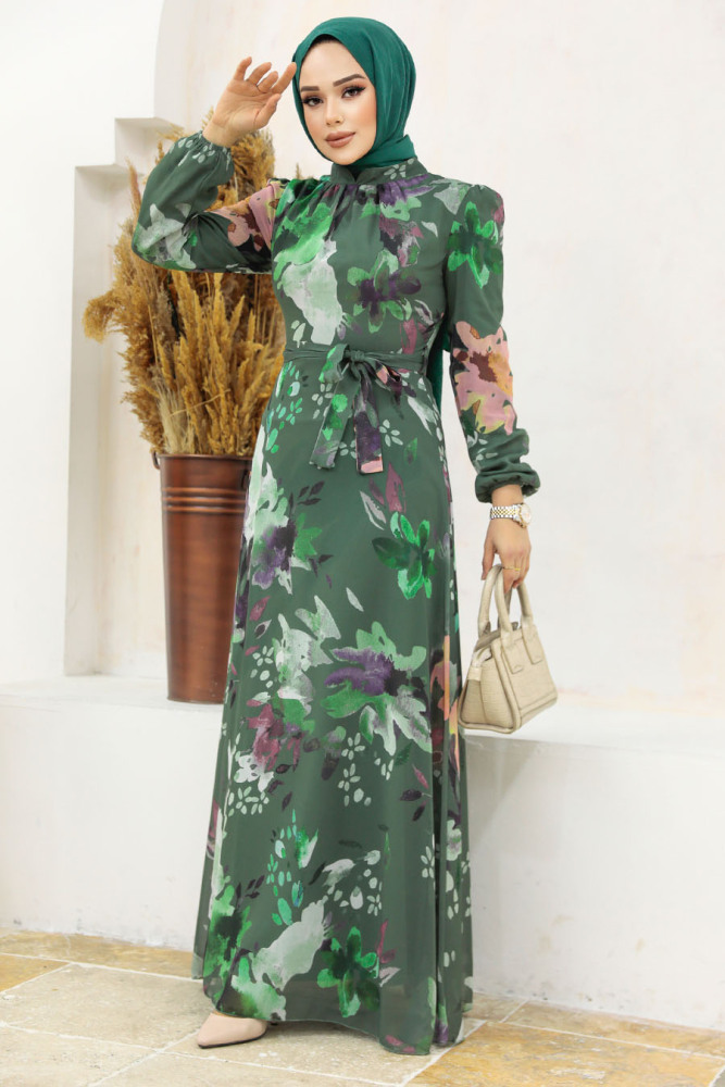 Neva Style - Çiçek Desenli Haki Tesettür Elbise 27942HK - 2