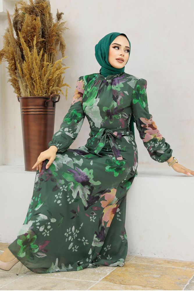 Neva Style - Çiçek Desenli Haki Tesettür Elbise 27942HK - 3