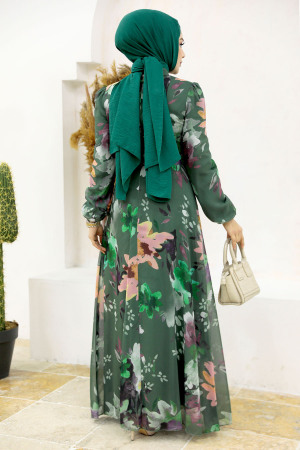 Neva Style - Çiçek Desenli Haki Tesettür Elbise 27942HK - 4