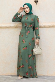 Neva Style - Çiçek Desenli Haki Tesettür Elbise 27943HK - Thumbnail