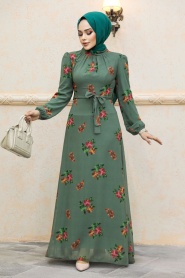 Neva Style - Çiçek Desenli Haki Tesettür Elbise 27943HK - Thumbnail