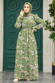 Neva Style - Çiçek Desenli Haki Tesettür Elbise 29711HK - Thumbnail