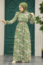 Neva Style - Çiçek Desenli Haki Tesettür Elbise 29711HK - Thumbnail